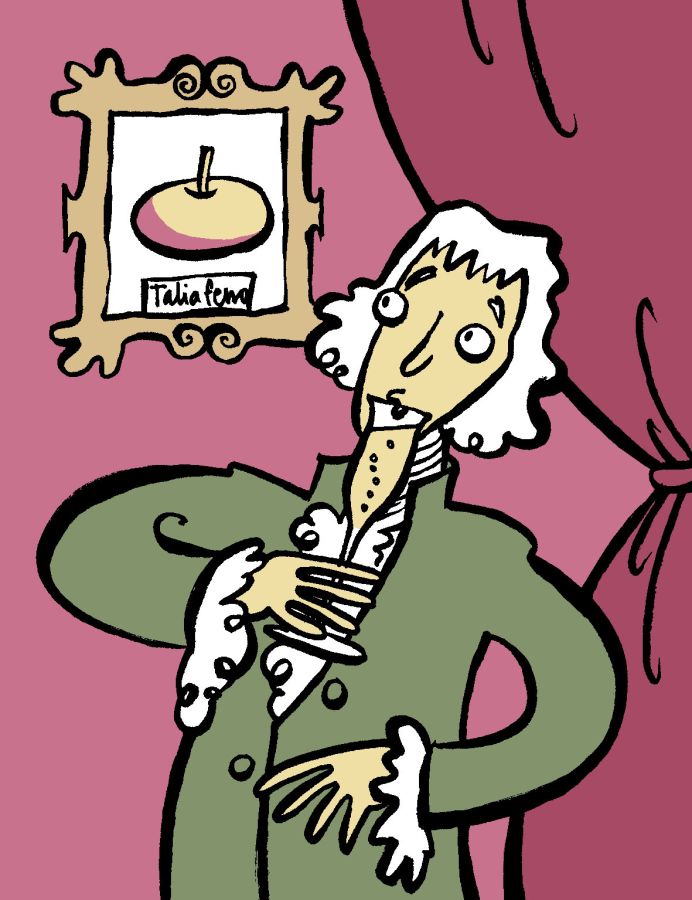 Illustration of Thomas Jefferson sipping a flute of something sparkling. He is looking a a framed painting of a Taliaferro apple © 2025, Christine Jopling Illustrations