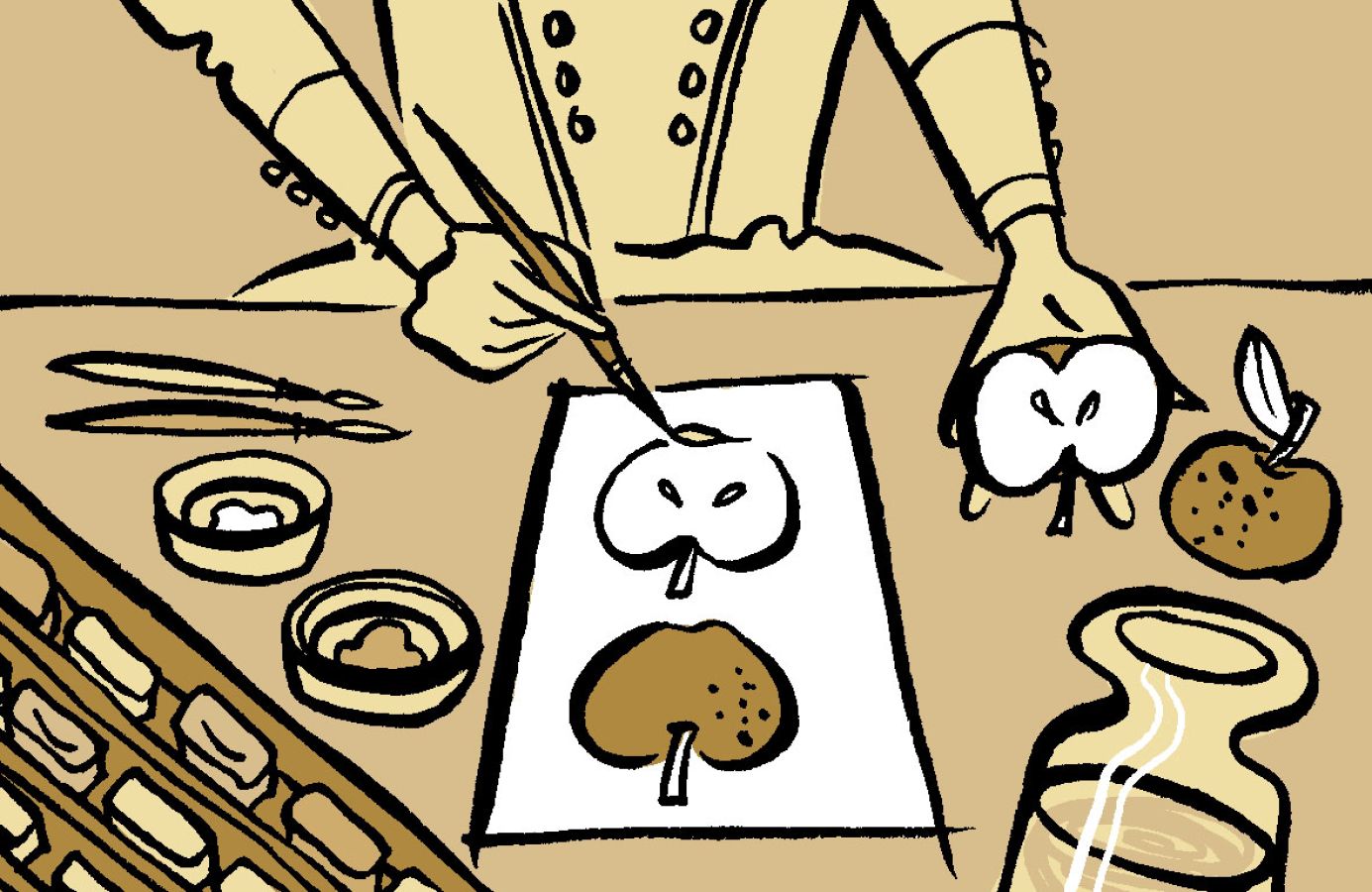 Illustration of someone painting an apple, with the paintbrush in one hand and the other holding the apple which is being drawn. The image itself is all in brown colour and there features a brown apple as well in the picture. Illustration by Christine Jopling ©