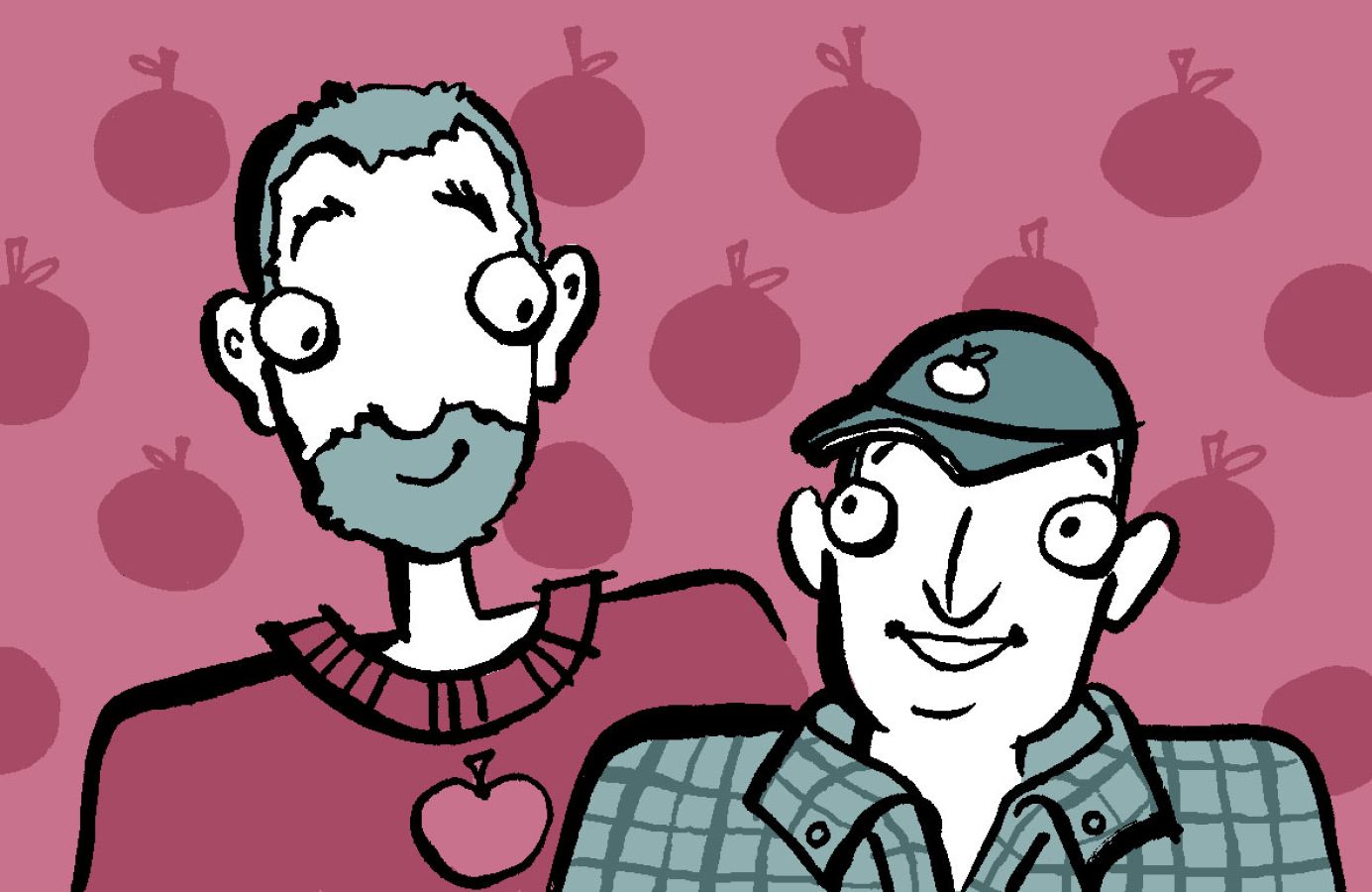 Illustration of two men smiling and looking at each other with a background behind them of drawings of apples and a pink background. Illustration by Christine Jopling ©