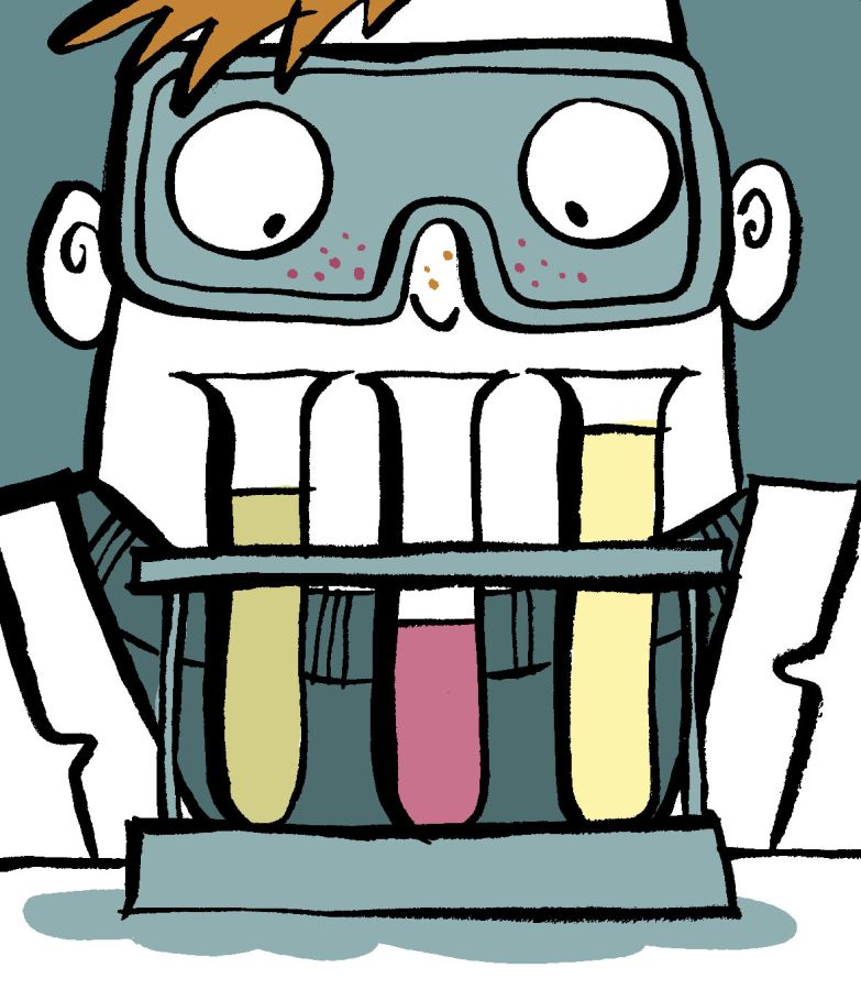Illustration of a man and his test tubes, two of which are filled with yellow liquid and one with red. He is wearing safety goggles which have a splattering of red dots on the, and has small spikes of ginger hair coming out of the top of the image. Illustration by Christine Jopling ©