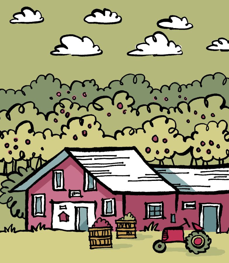 Illustration of a small house which is painted red and white with a green set of bushes growing apples behind it. In front of the house there is a red tractor and some more green grass. Illustration by Christine Jopling ©