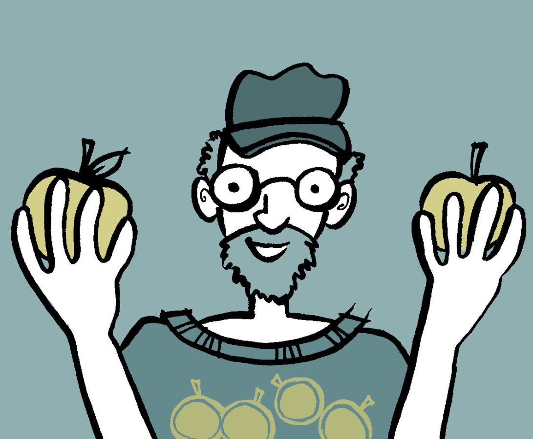 Illustration of a man holding an apple in each hand and smiling at the camera. He is wearing green and has round glasses and a green flat cap on, he is wearing a top that has green apples on it as well. Illustration by Christine Jopling ©