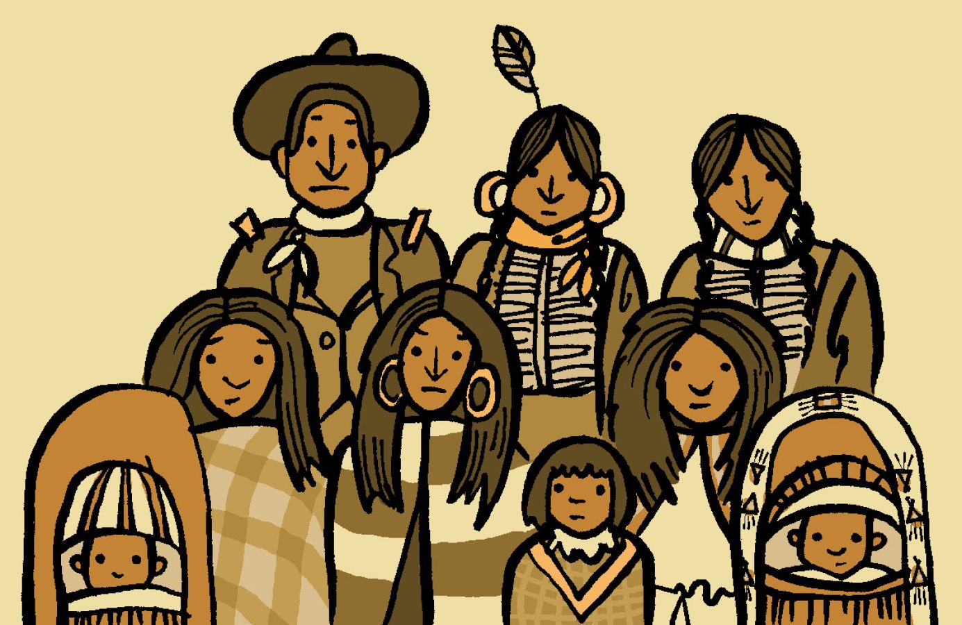 Illustration of people all of which have brown hair with a beige background behind them, the drawings are representing the Motezuma Orchard Project. Illustration by Christine Jopling ©