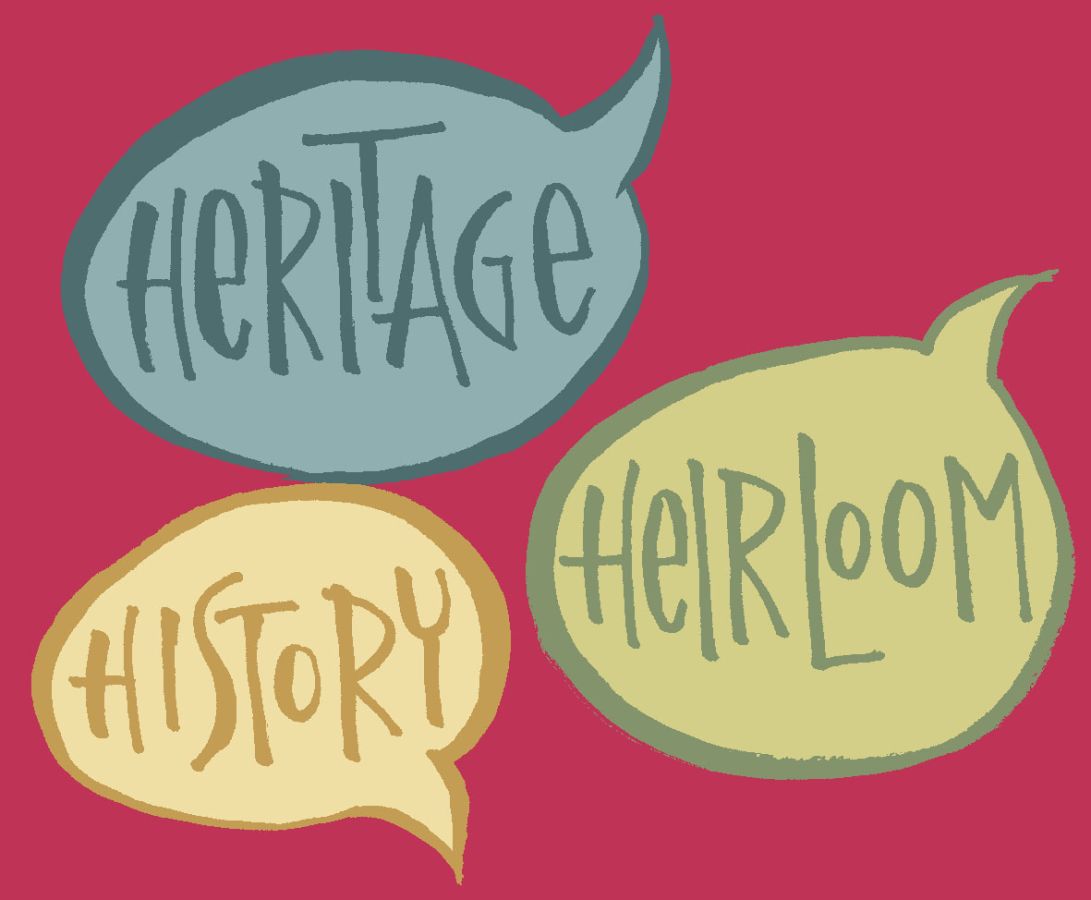 Heritage, History and Heirloom text in three seperate speech bubbles. The bubbles are blue, yellow and green and there is a bright red background. Illustration by Christine Jopling ©