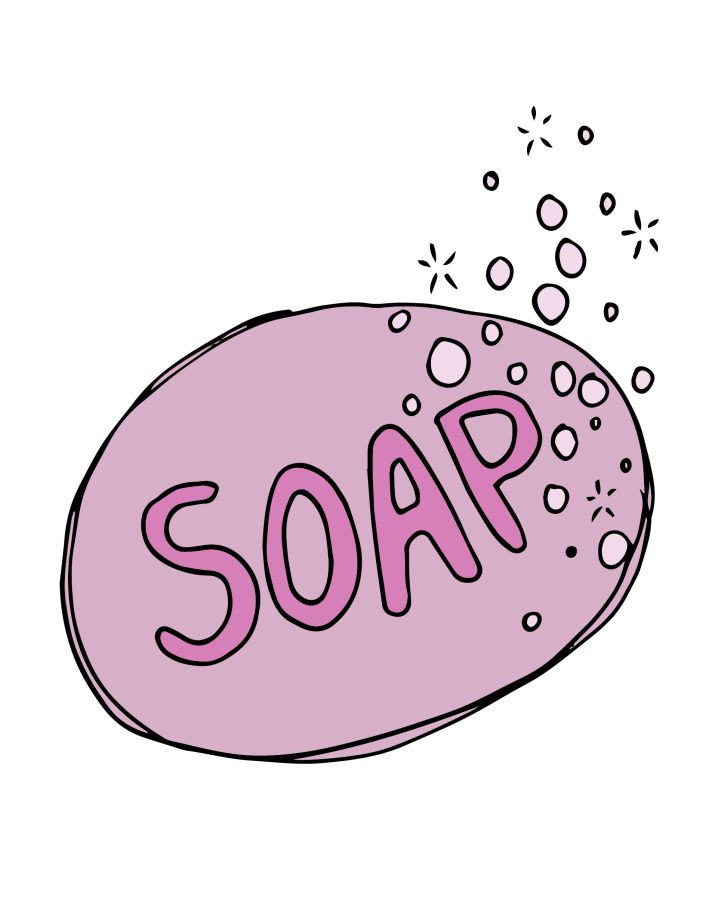 Drawing of a bar of pink soap © 2021, Lucie Cooke Illustrations
