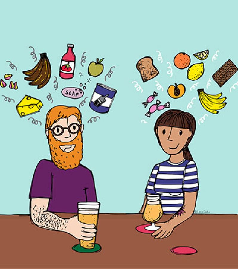 Drawing of a man and a woman with pints in their hands. Above them are a mixture of bad faults, such as off bananas, cheese, and soap; and good smells and tastes of beer such as, chocolate, ripe bananas, sweets, and citrus © 2021, Lucie Cooke Illustrations