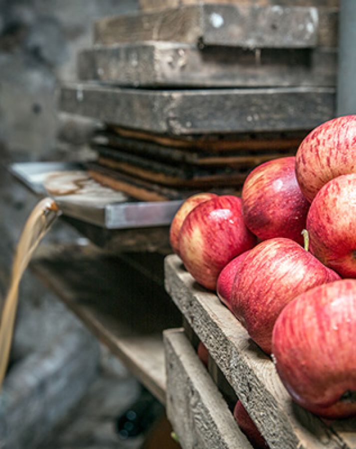 Photo of a traditional cider press and a stack of red apples; ©2013, John Vennell Photography