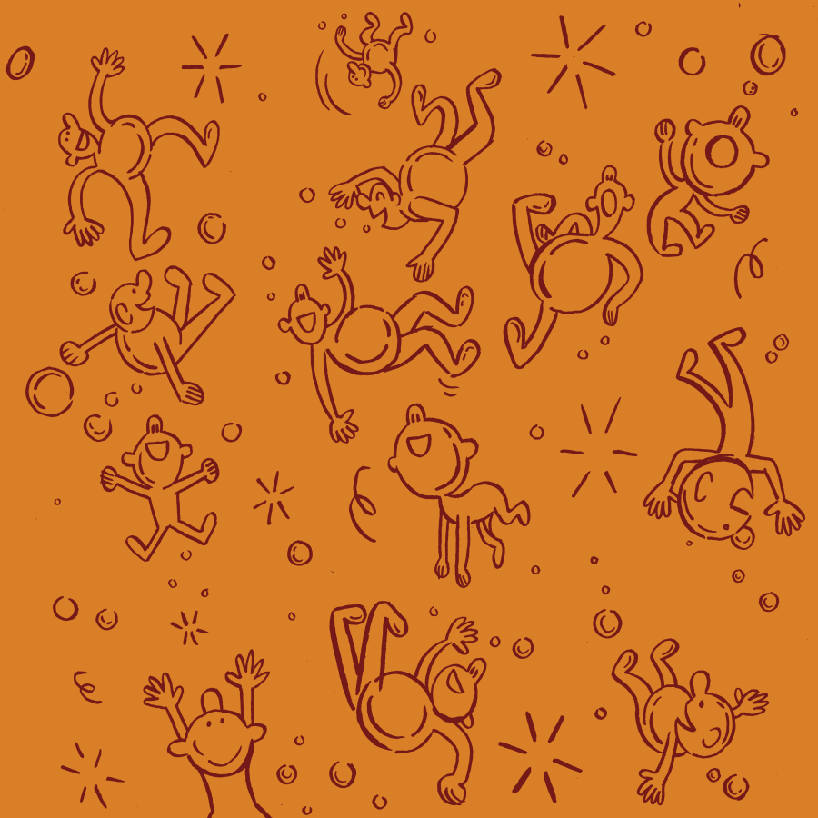 Illustration of babies and adults floats in an orange liquid alongside bubbles.