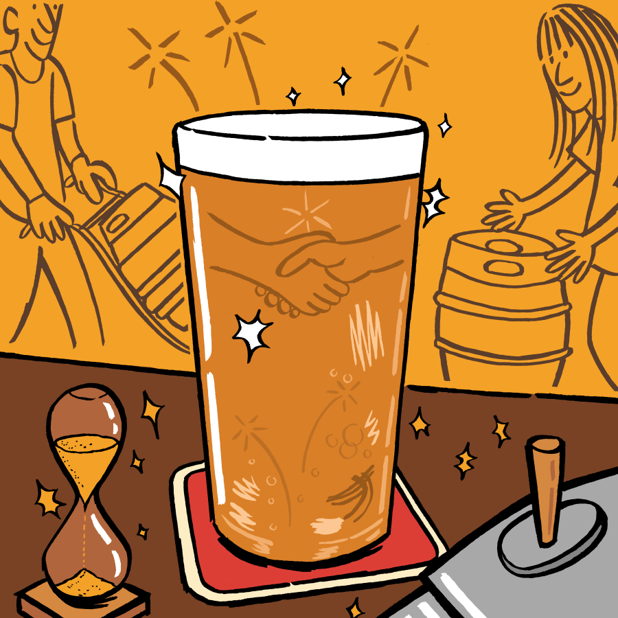 Drawing of a pint of beer with a faint drawing of hands shaking in it. On the side there is the edge of a cask, a sand timer and two people handling casks of beer.