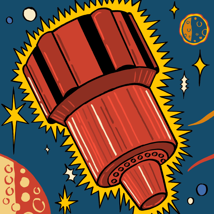 Drawing of a red sparkler in space with planets and starts alongside it.