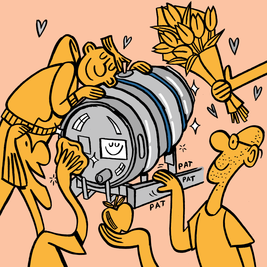 Drawing of people polishing and taking good care of a racked cask of beer.