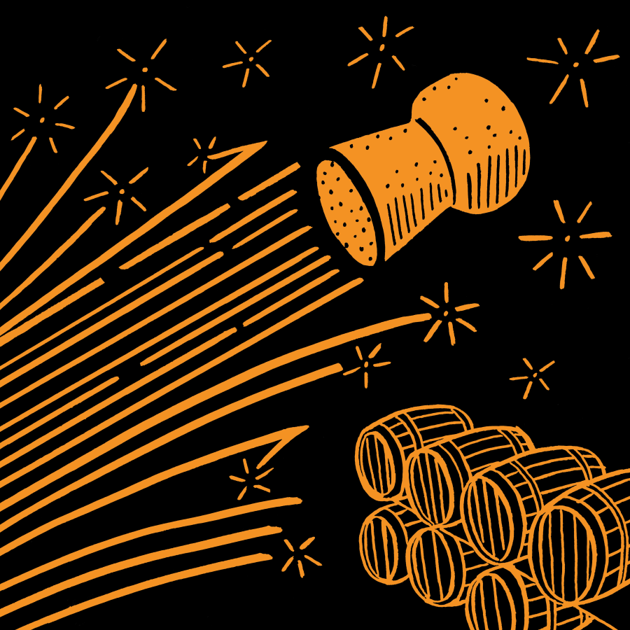 Drawing of a popping champagne corking with orange sparkles in the background are 8 wooden casks. © David Bailey