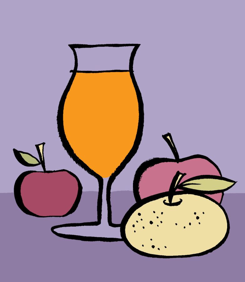Illustration of a purple back ground with apples and a stemmed glass of orange liquid © 2025, Christine Jopling Illustrations