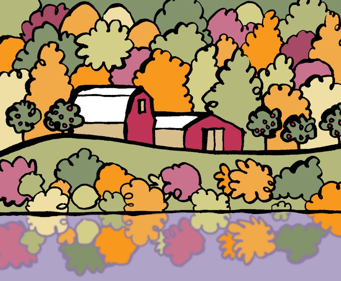 Illustration of two barns amongst a sea of colourful trees and below is a purple lake © 2025, Christine Jopling Illustrations
