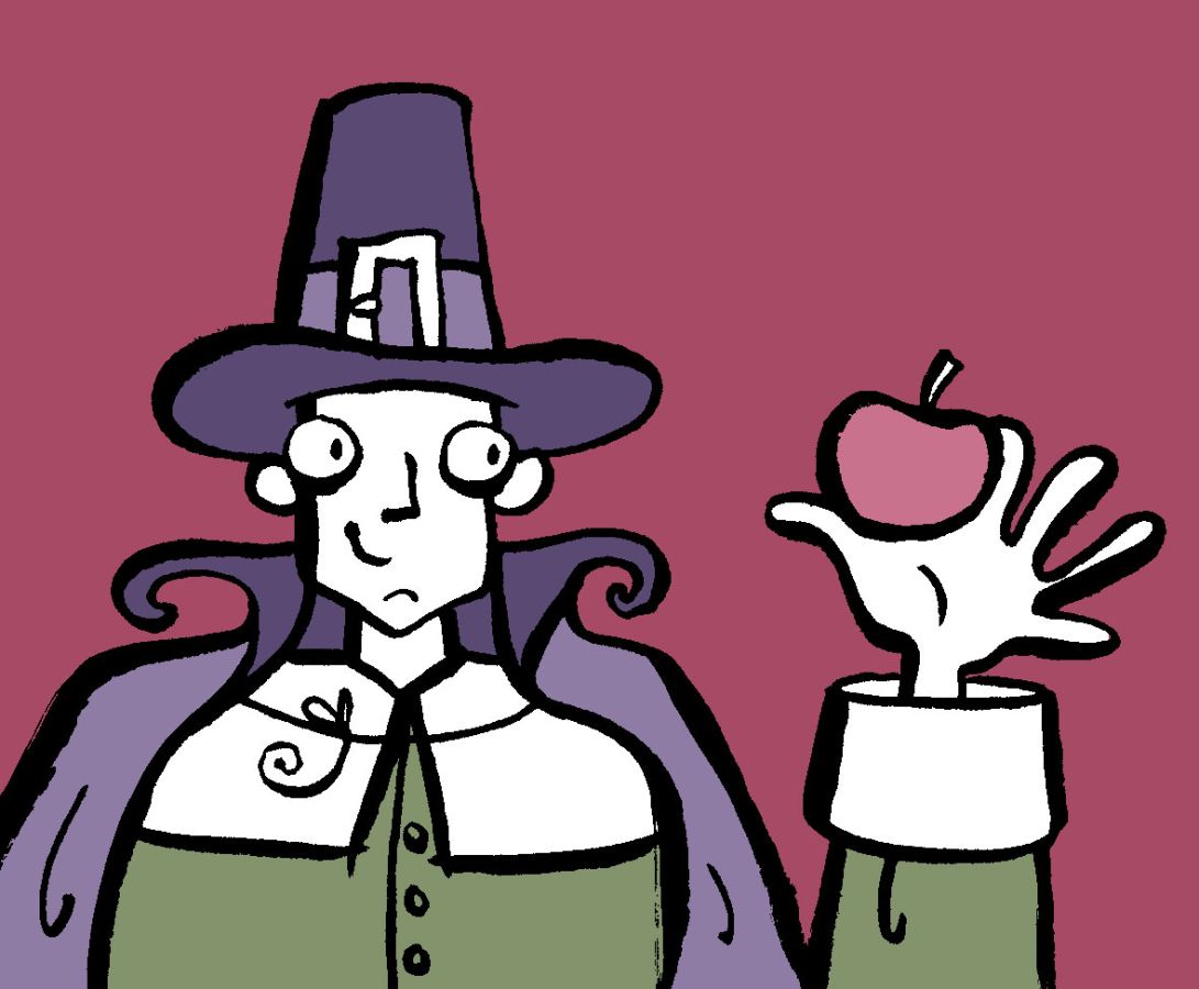 Illustration of a man wearing a Witchfinder hat and cloak, holding a red apple © 2025, Christine Jopling Illustrations