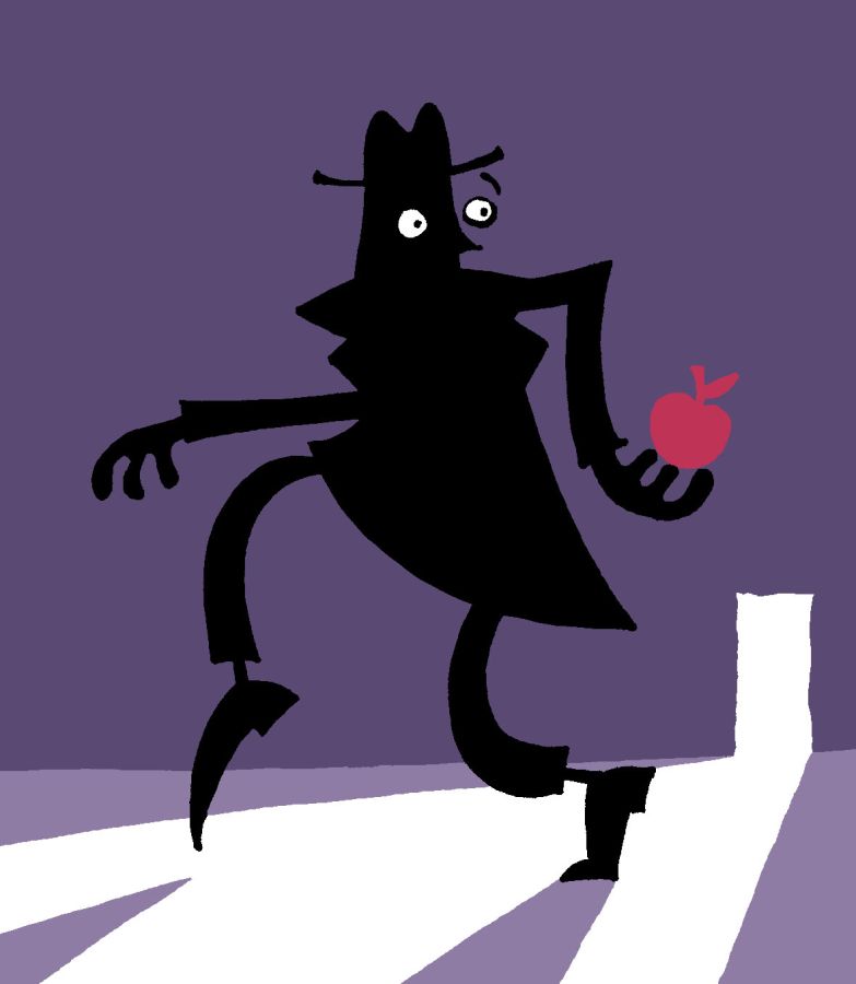 Illustration of a man in a top hat and coat covered in shadow, holding a red apple in his fingertips © 2025, Christine Jopling Illustrations