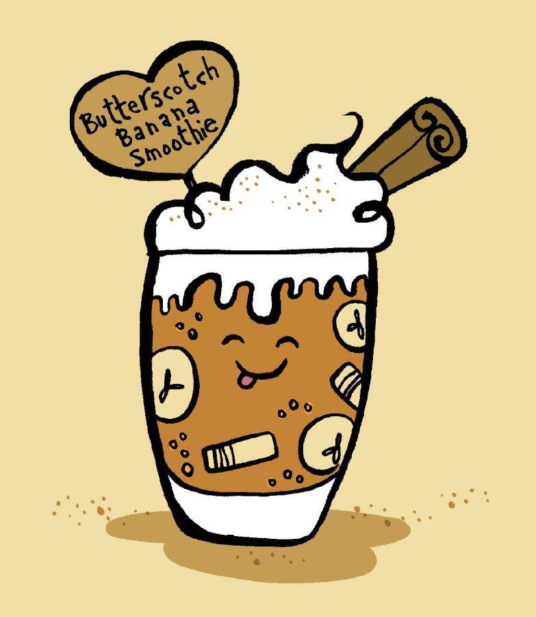 Illustration of an anthropomorphic Butterscotch Banana Smoothie © 2025, Christine Jopling Illustrations