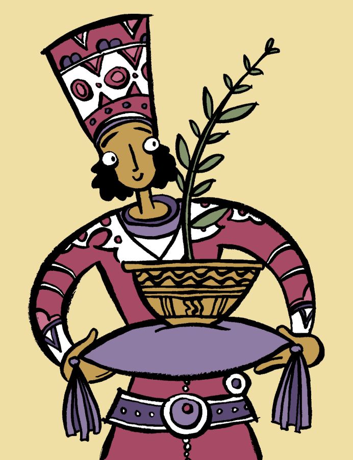 Illustration of a Persian Prince holding a purple pillow with a potted plant on top of it © 2025, Christine Jopling Illustrations