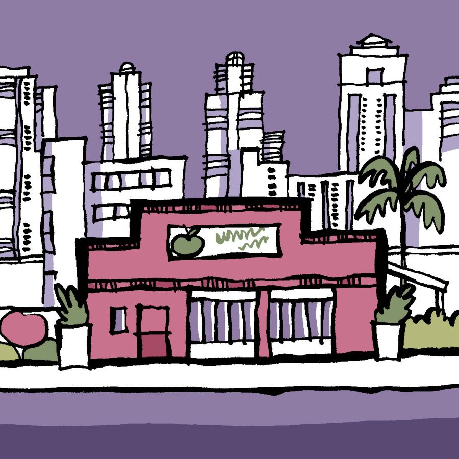 Illustration of a apple store with large urban building behind it © 2025, Christine Jopling Illustrations