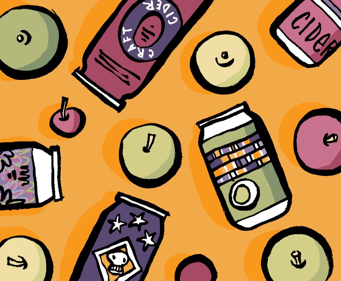 Illustration of a cans of craft cider and green and red apples on a flat surface © 2025, Christine Jopling Illustrations