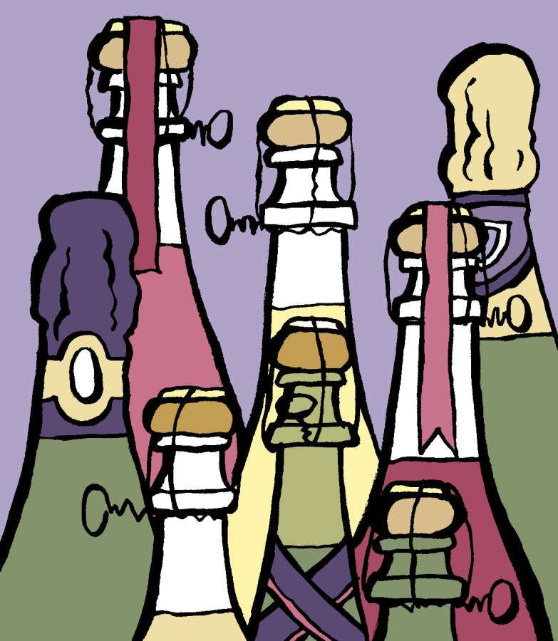 Illustration of the necks and corks of sparking cider bottles on a purple background © 2025, Christine Jopling Illustrations