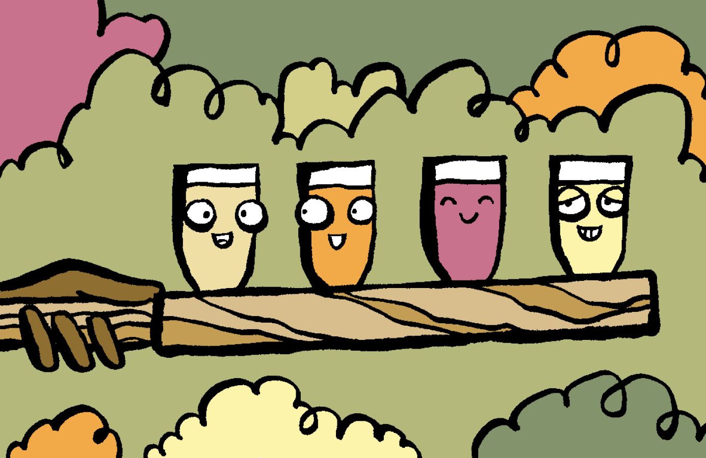 Illustration of anthropomorphic glasses with different coloured cider in them. These are on a wooden tasting panel which is ahead of free, orange and purple bushes © 2025, Christine Jopling Illustrations
