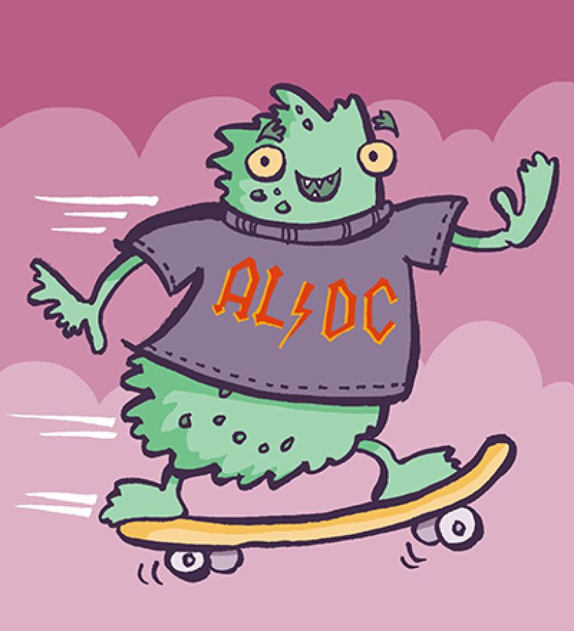 Illustrated green child-like monster on a skateboard with a t-shirt on stating "AL/DC". © 2024, Christine Jopling.