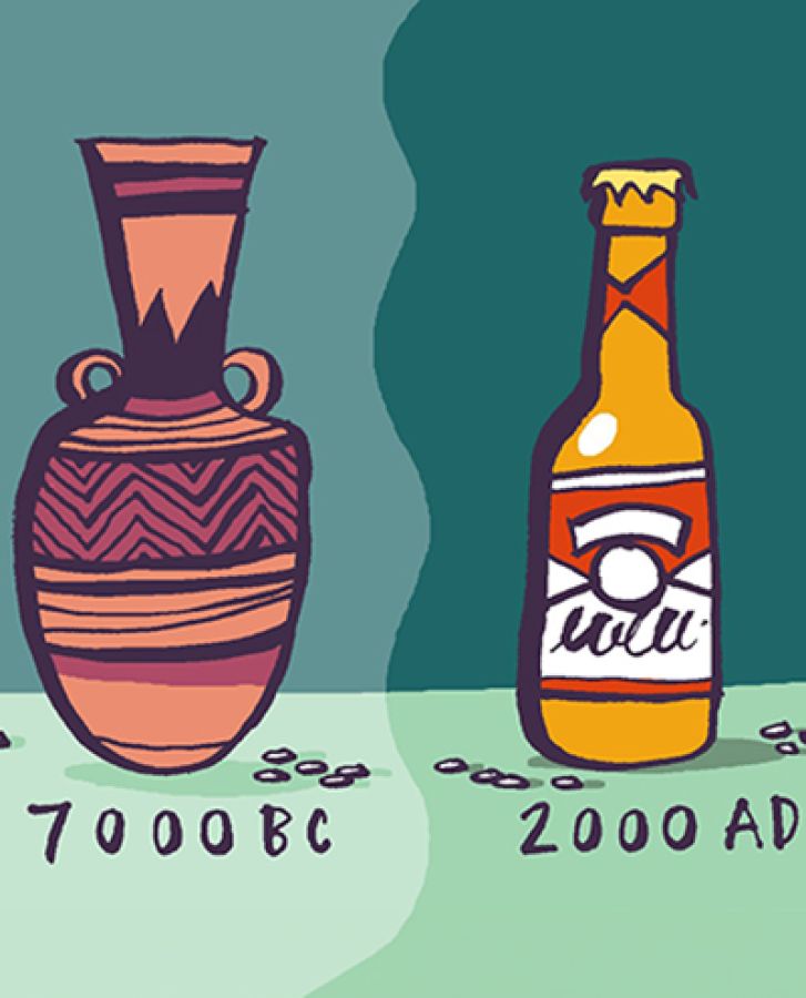 Illustrated image of beer in an ancient pub in 7000 BC and Beer in glass bottle in 2000 AD. © 2024, Christine Jopling.