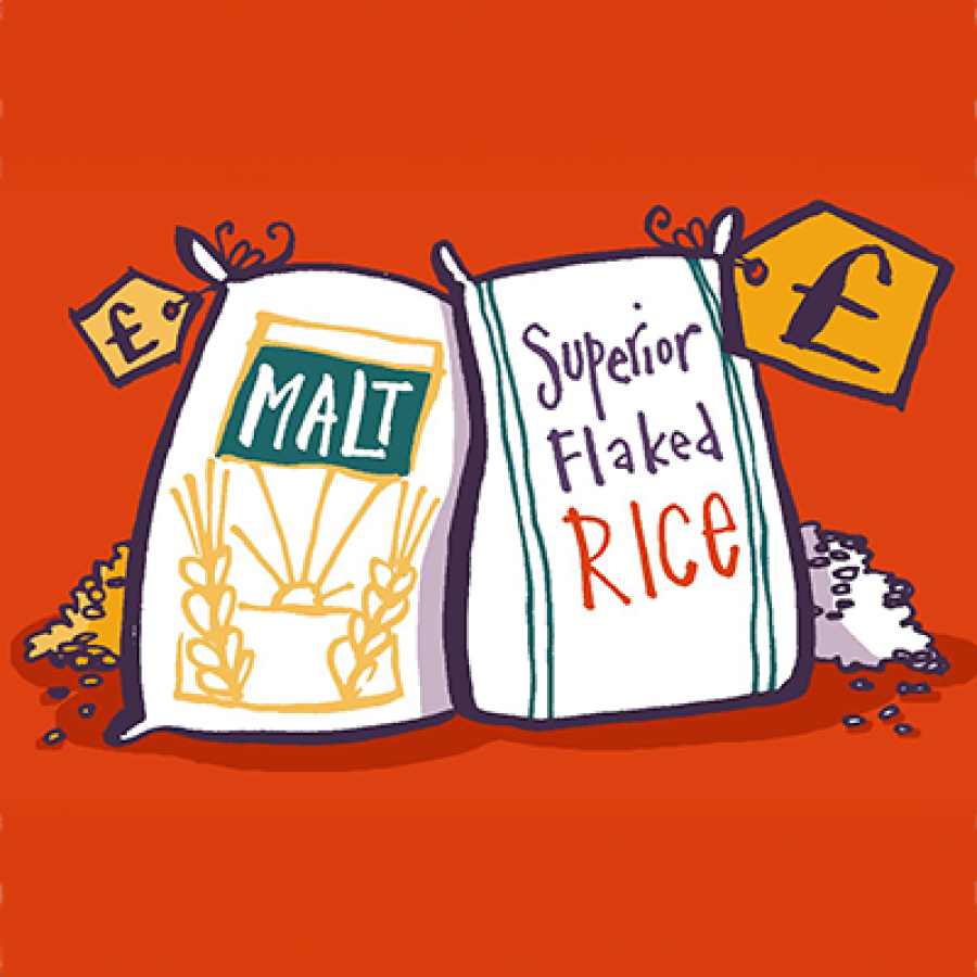 Illustrated image of a sack of cheaper malt and a sack or more expensive labelled "Superior Flaked Rice". © 2024, Christine Jopling.