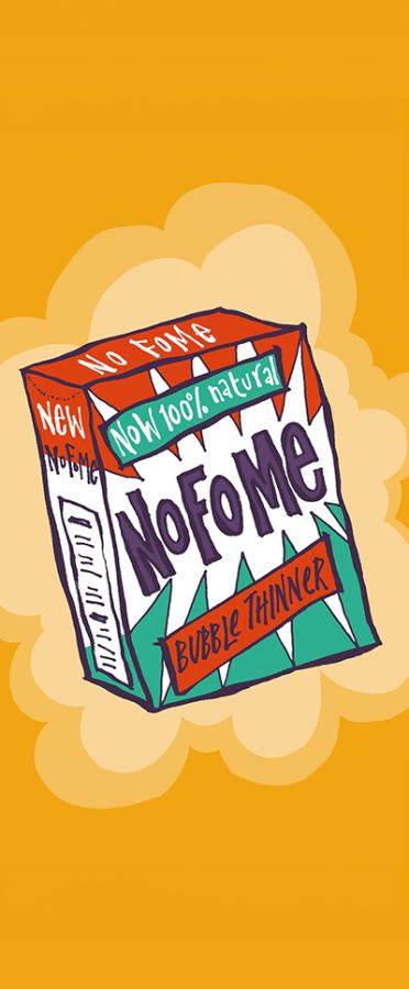 Illustration of a detergent box, with the text "NoFome:, "Bubble thinner". On top of an orange background. © 2024, Christine Jopling