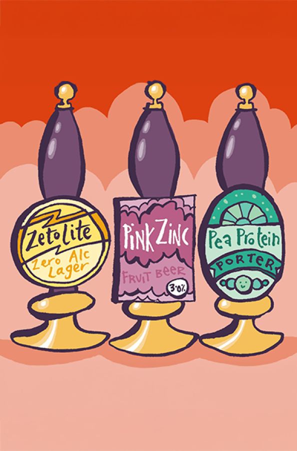 Illustrated fake handpull and handpull clips. On the left "Zetolite, Zero Alc Lager", middle "Pink Zinc, Fruit Beer", right "Pea Protein, Porter". © 2024, Christine Jopling.