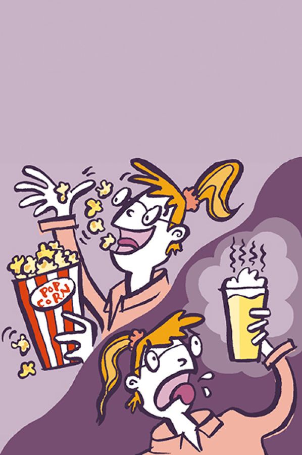 Illustration of a diagonal split screen. One side a woman is enjoying and eating popcorn, the other side the same woman is disgusted with the taste of a pint of beer. © 2024, Christine Jopling