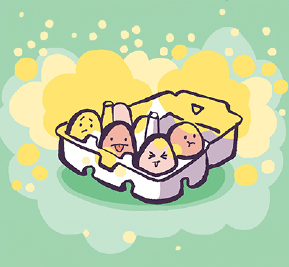 Illustration of animated, anthropomorphic eggs in a carton of eggs. © 2024, Christine Jopling.