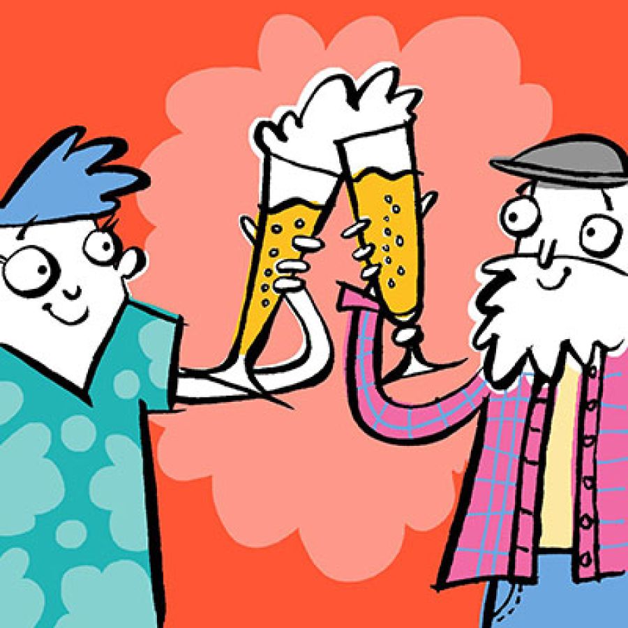 An illustrated man and women cheersing their beer in front of a red background©Christine Jopling Illustration