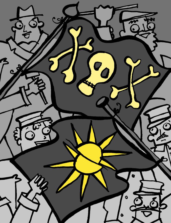 Image of two flags, both black backgrounds, one has a skull and crossbones on it and the other has a yellow sun on. Surrounding the flags are groups of people drawn in great and they are all wearing hats © 2025, Christine Jopling Illustrations Image of two flags, both black backgrounds, one has a skull and crossbones on it and the other has a yellow sun on. Surrounding the flags are groups of people drawn in great and they are all wearing hats © 2025, Christine Jopling Illustrations