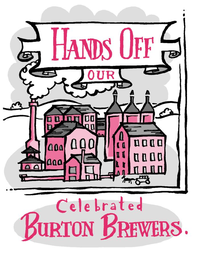 Image of a series of pink painted buildings that are representing breweries. There is also pink text above it on a banner and underneath with a grey background reading: Hands off our Celebrated Burton Brewers © 2025, Christine Jopling Illustrations