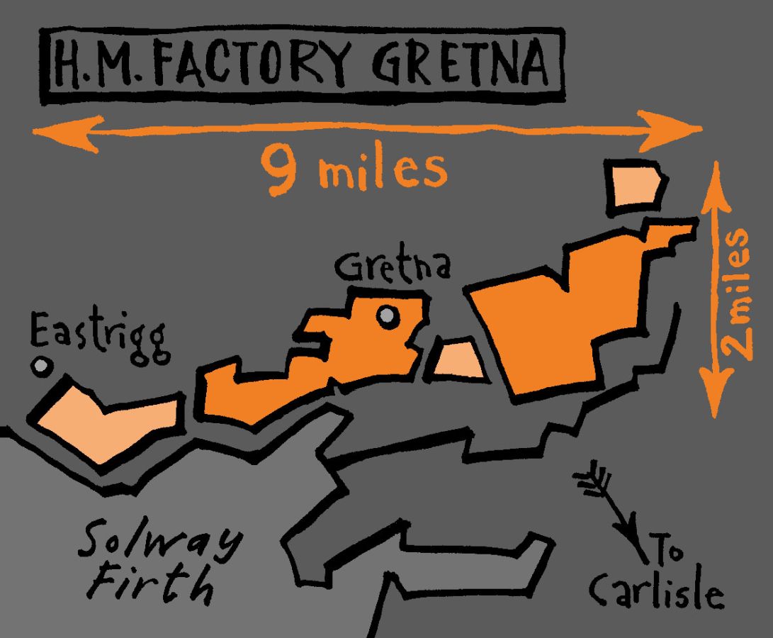 Dark grey backgrounded image with an orange arrow across it and a smaller orange arrow beside it pointing down, under the first arrow it reads 9 miles and beside the smaller arrow it reads 2 miles. There is black text at the top reading H.M Factory Gretna and the main part of the image shows a map with the areas of Eastrigg, Gretha, Solway Firth and 'to carlisle' highlighted © 2025, Christine Jopling Illustrations