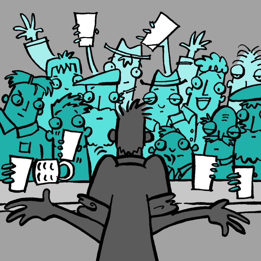 Image of a man painted in grey with his back to us, behind a bar addressing a group of punters who are all coloured in greeny blue. They are all holding white empty glasses and demanding to be served © 2025, Christine Jopling Illustrations