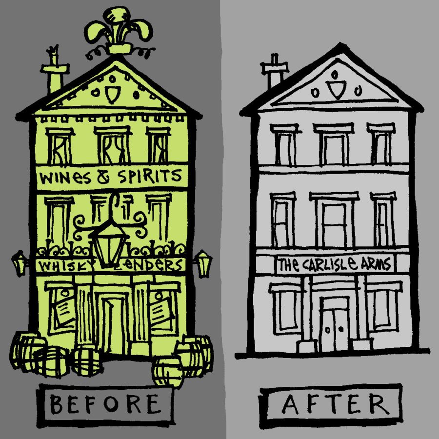 Image with a before and after of the Carlisle Arms side by side. In the first 'before' image on the left the pub is painted in yellow and the pub name reads: Wines & Spirits and Whisky Lenders. In the 'after' image on the right it is titled 'The Carlisle Arms' © 2025, Christine Jopling Illustrations
