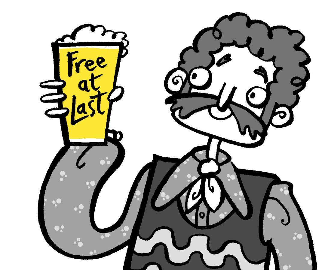 Image of a man with a moustache smiling and holding up a pint glass that reads: 'Free at last' on it. The man illustrated has curly hair and is wearing a patterned vest and a bow tie © 2025, Christine Jopling Illustrations