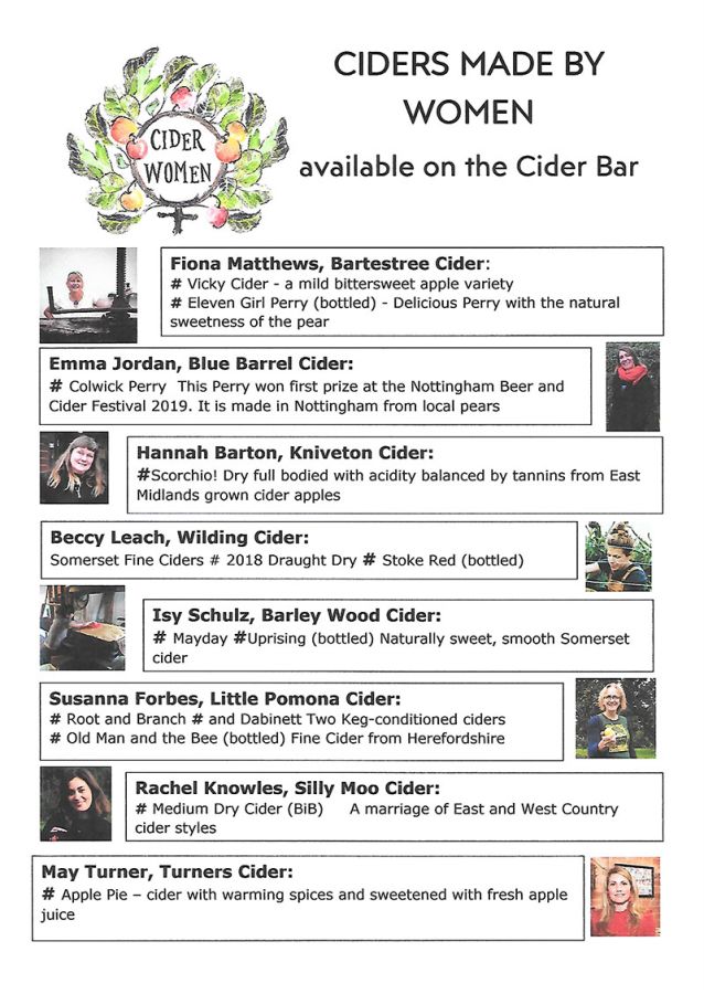 List of Ciders made by women available on the Cider Bar at the Manchester Beer and Cider Festival 2020