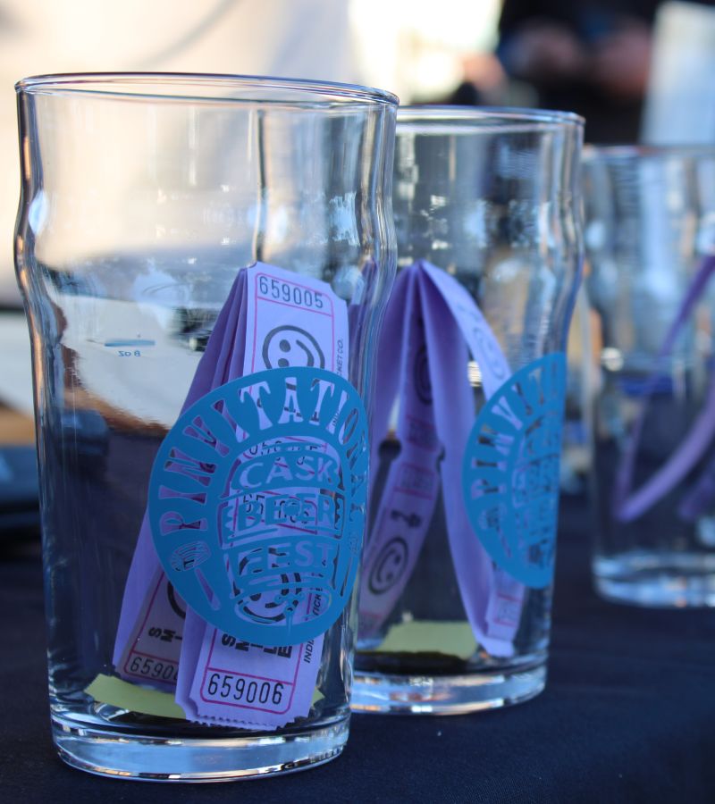 Photo of the Pinvitational beer glasses with beer tokens inside them © 2024, Justin Brummer