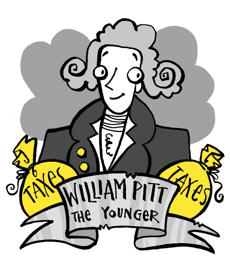 An illustration of Great Britain’s last Prime Minister William Pitt the Younger. There is a dark grey cloud on a white background behind him. Two bright yellow money bags with black text that says taxes on top are one either side of William Pitt, and a grey and white striped scroll is beneath with black text that says William Pitt the Younger in capitals on top © Christine Jopling.