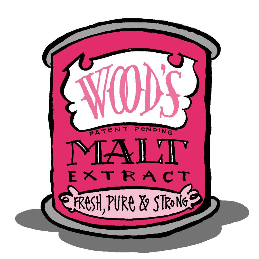 An illustration of a tin of Woods Malt Extract. The background is white and the tin is mostly bright pink. Woods is in light pink text on a white label background, with patent pending malt extract on the tin below following by fresh pure and strong black text on a baby pink label background. The tins dark grey shadow is at the bottom of the page © Christine Jopling.