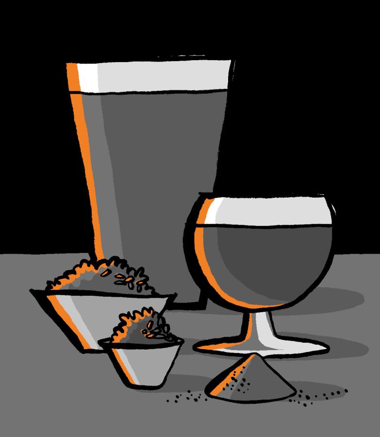 An illustration of two pints of dark beer, one in a tall pint glass the other in a goblet glass. The background is black and the pints sit on a grey table next to two bowls of malt © Christine Jopling.