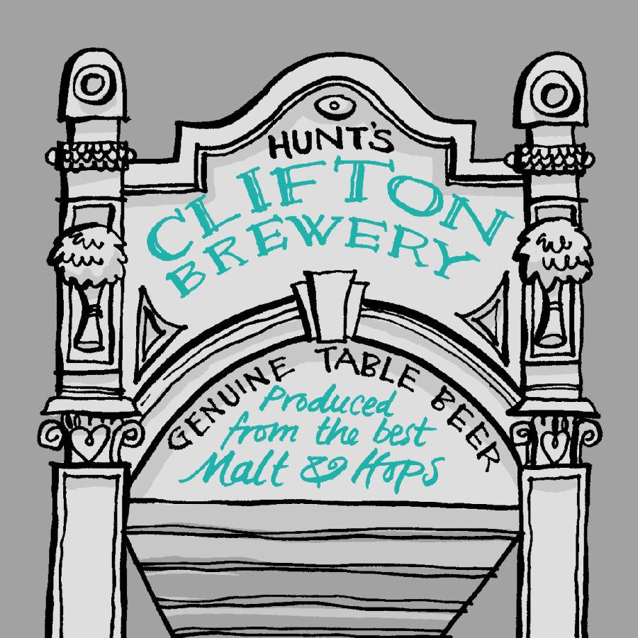 An Illustration of a brewery sign that is white with black and blue text with a grey background. The text reads Hunts Clifton Brewery genuine table beer produced from the best malt and hops.