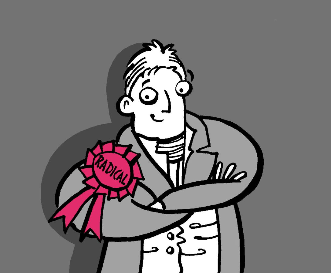 An illustration of Henry Hunt with a grey background, darkened behind Hunt to reflect his shadow. He wears a bright red medal that says radical in black text © Christine Jopling.