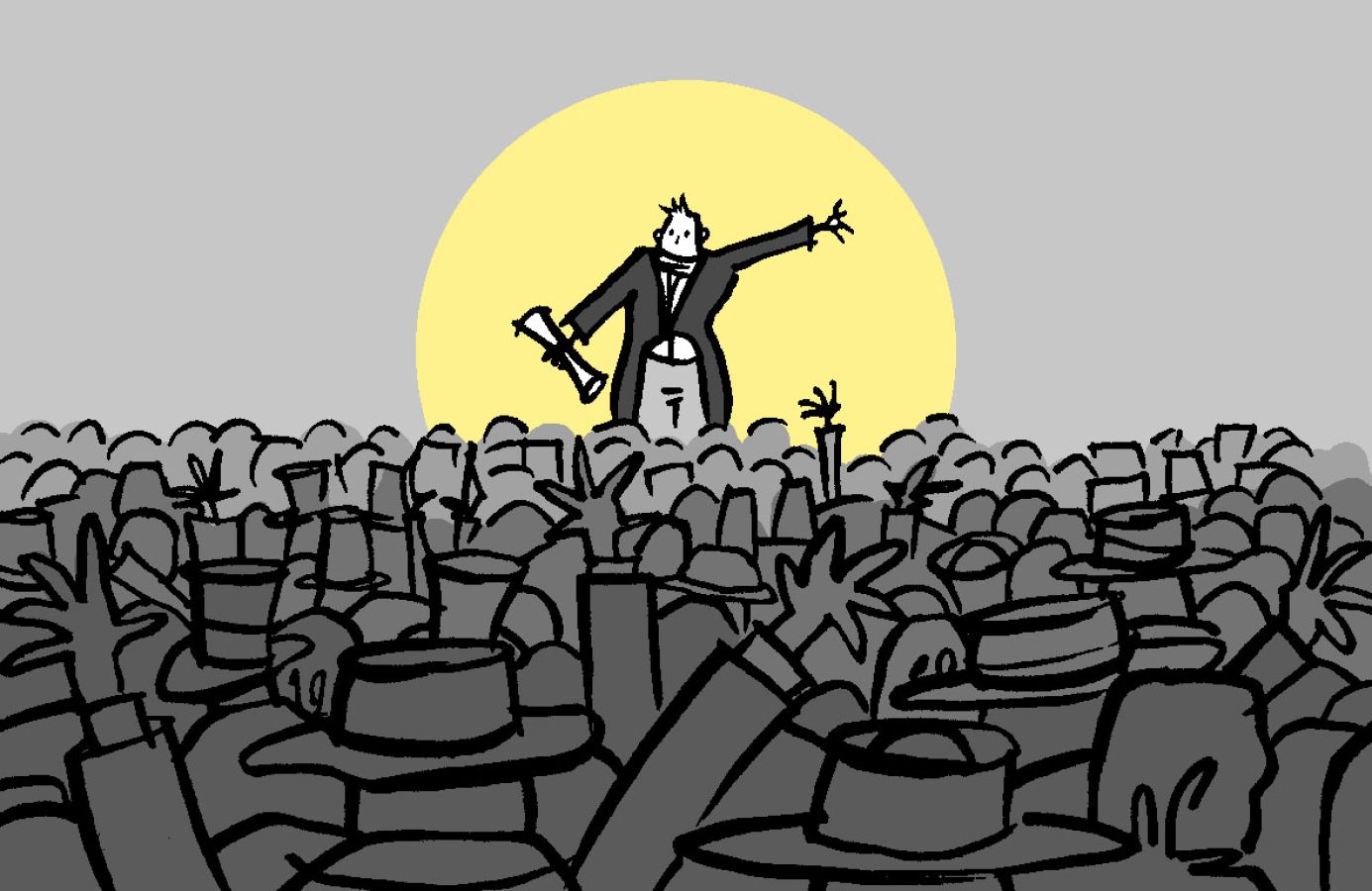 An illustration of Henry Hunt holding a scroll as he stands in front of a crowd of people wearing hats with their arms raised in cheer. There is a bright yellow circle behind Hunt which resembles the sun  © Christine Jopling.