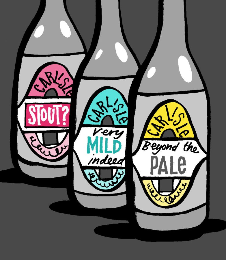 Illustration of three bottles of beer. the one at the back has pink labeling with the text 'Carlisle, Stout?', next is blue labelling with the text 'Carlisle, very mild indeed', the last one has yellow labelling with the text 'Carlisle 'Beyond the Pale' © Christine Jopling Illustrations 2025