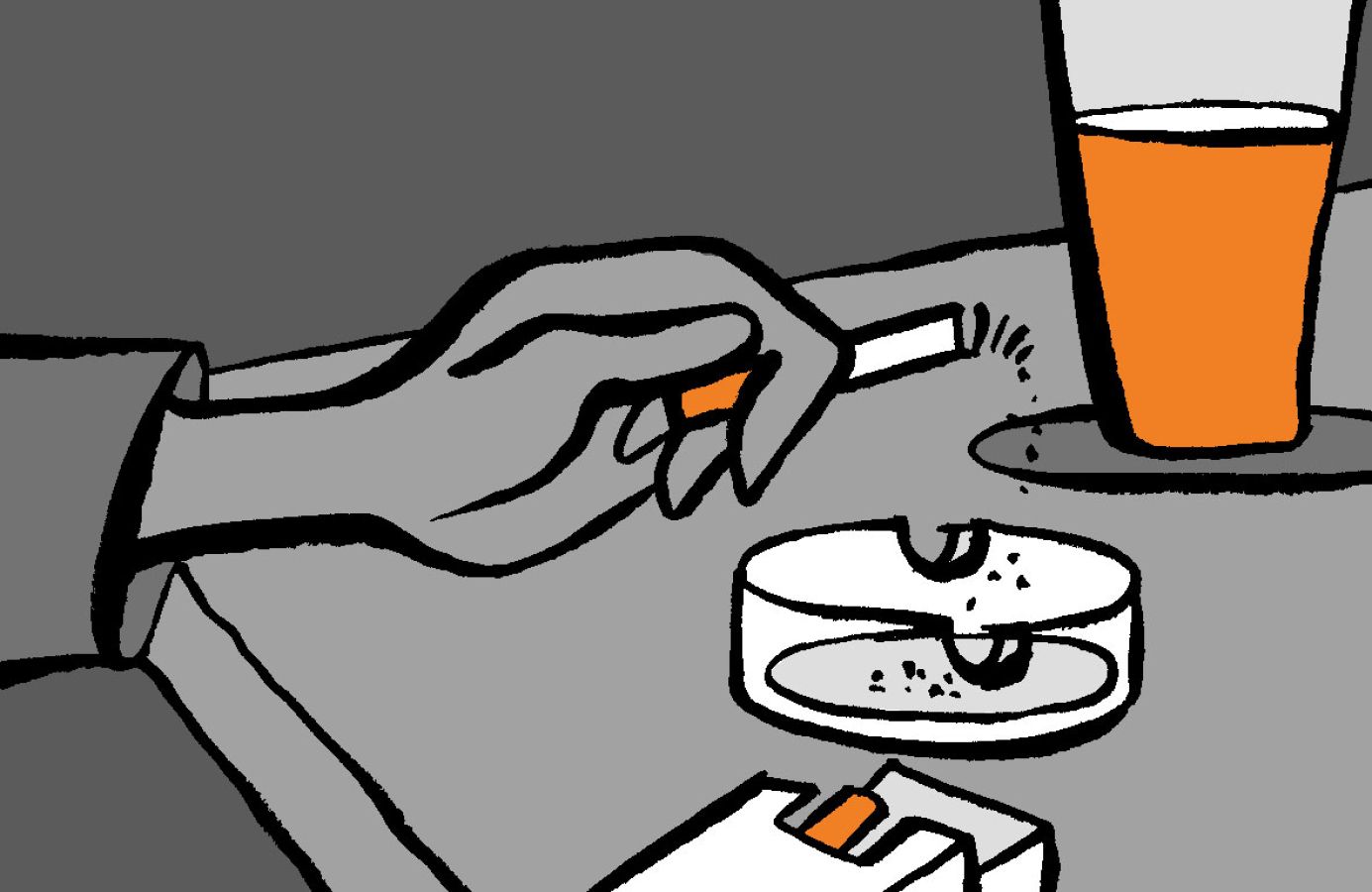 Illustration of a grey drawing of a hand with a cigarette in, above an ash tray © 2026, Christine Jopling Illustrations